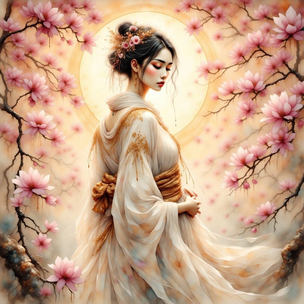 Serene Japanese Goddess Amaterasu in Elegant White Kimono