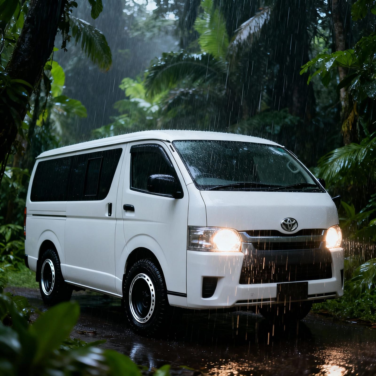 White Toyota Van in Tropical Rainforest, Minimalist 4k Style