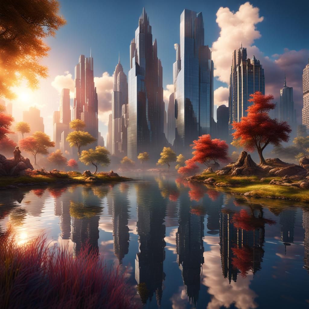 Mystical City Reflection in Calm Water: Fantasy Concept Art