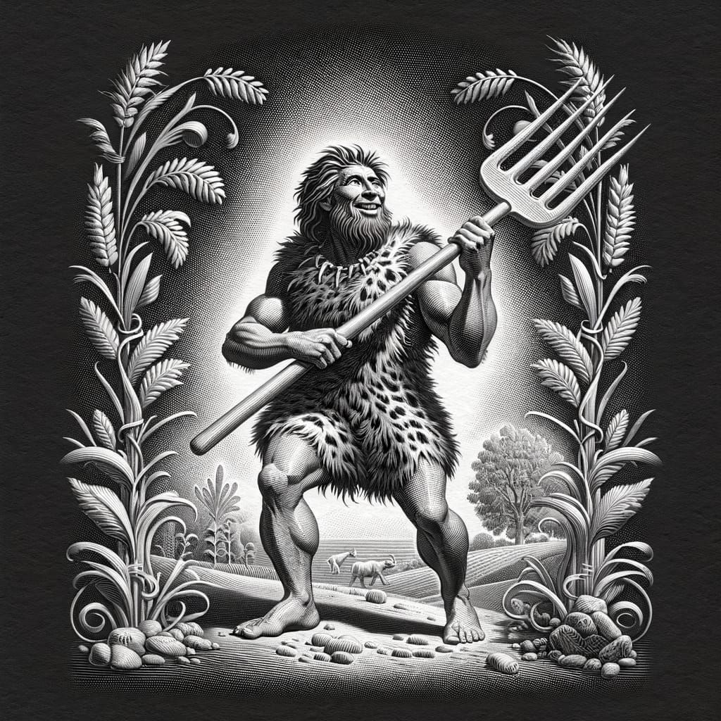 Caveman Celebrates Agriculture: Vintage Banknote Engraving