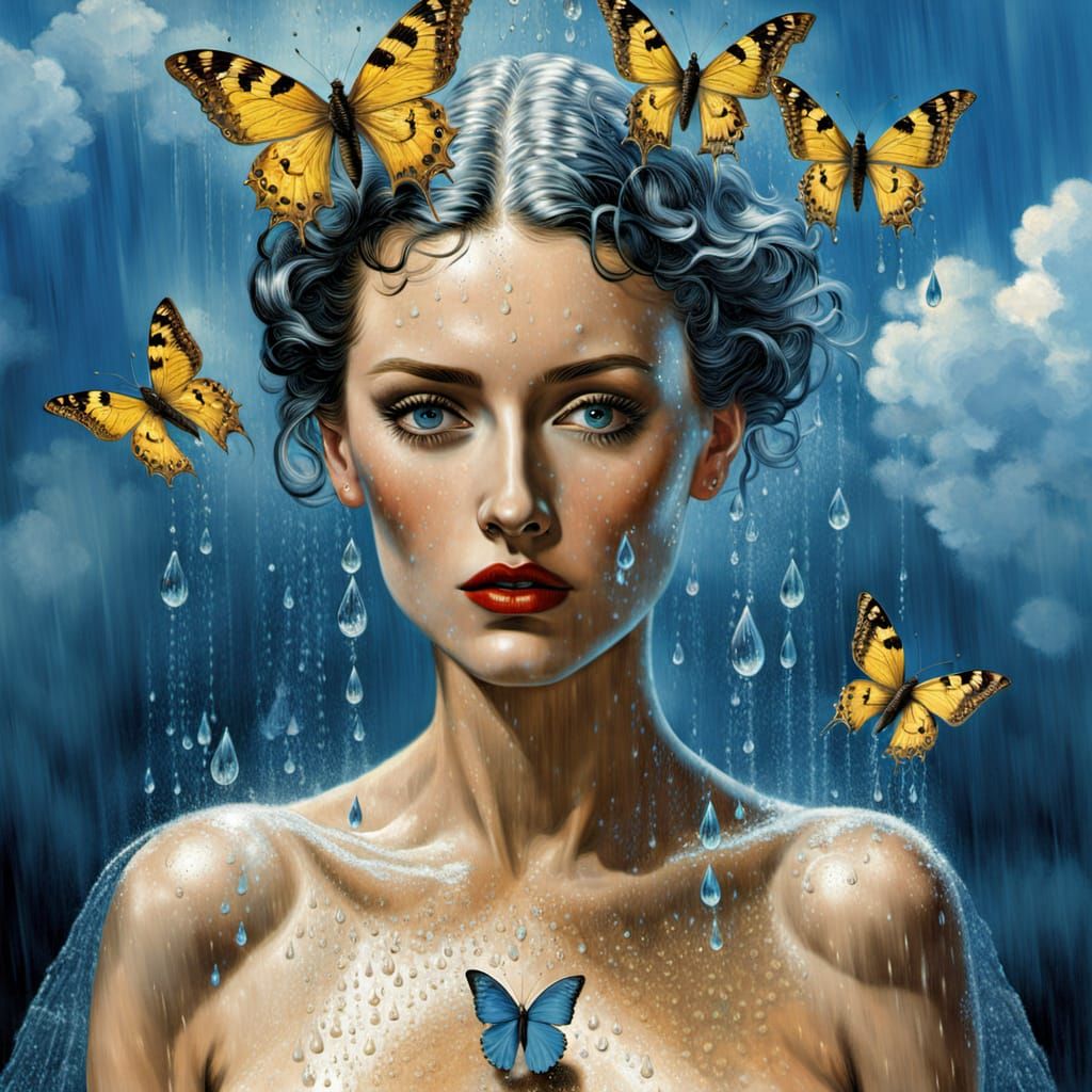 Classy Lady in Rain, Bio Luminescent Butterflies in Hyper Re...