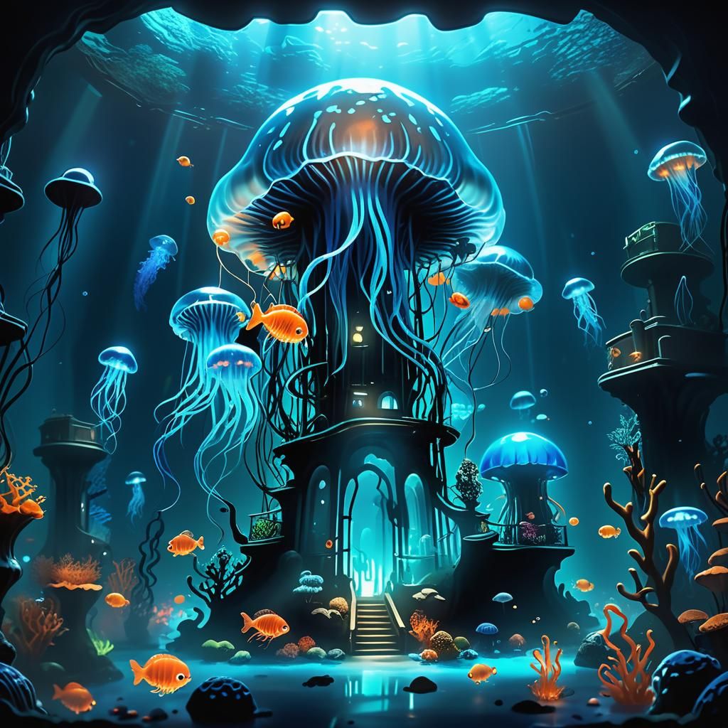 Eerie Bioluminescent Aquarium Museum in Fantasy Art Style