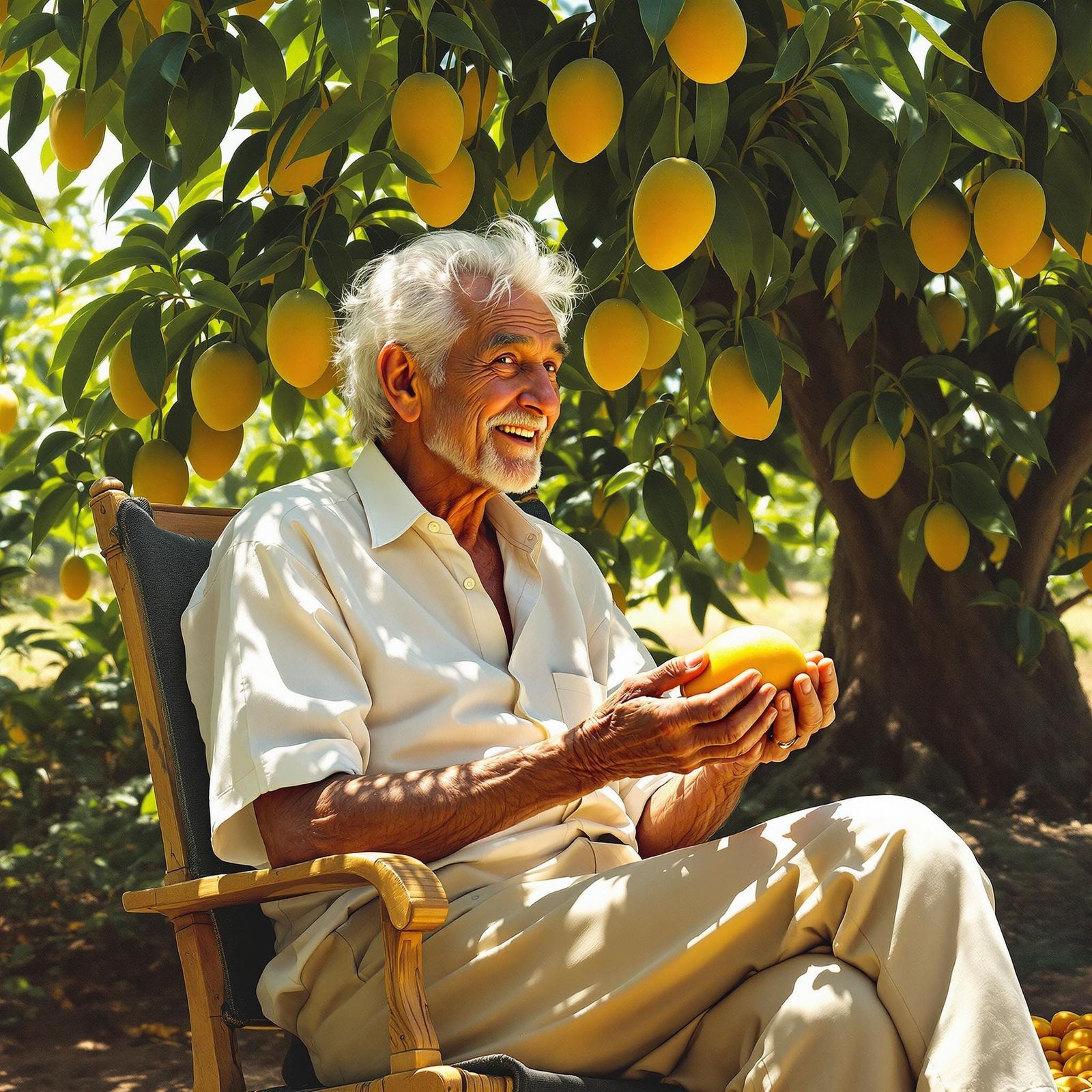 Wispy Elder Sits Under Mango Canopy in Impressionist Style