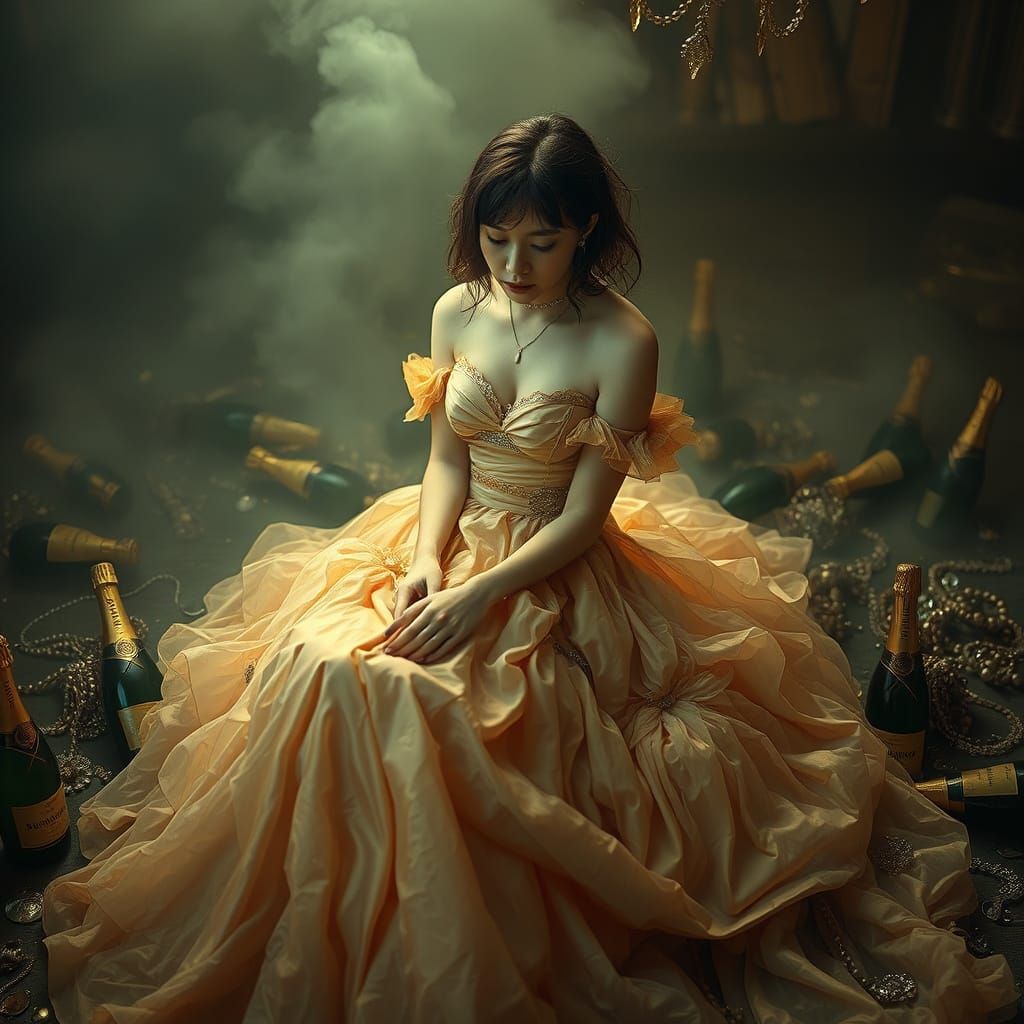 Pensive Woman in Gown with Champagne, Romantic Style