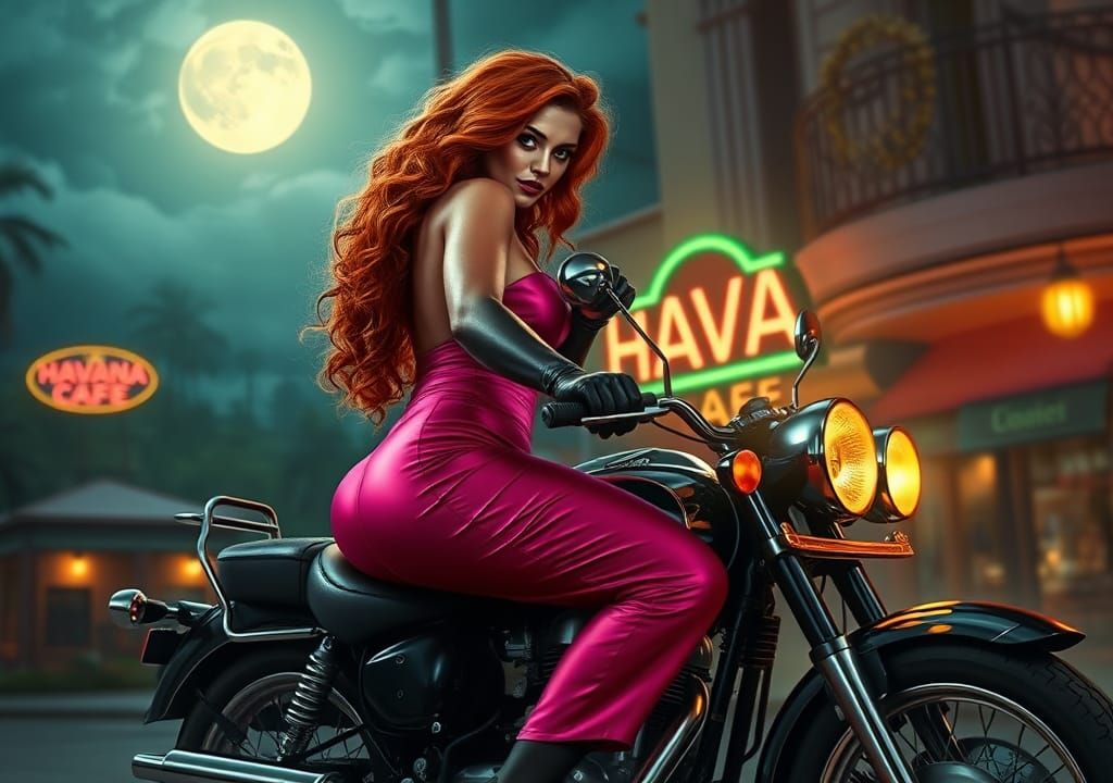 Elegant Woman on Motorbike in Stormy Havana Night