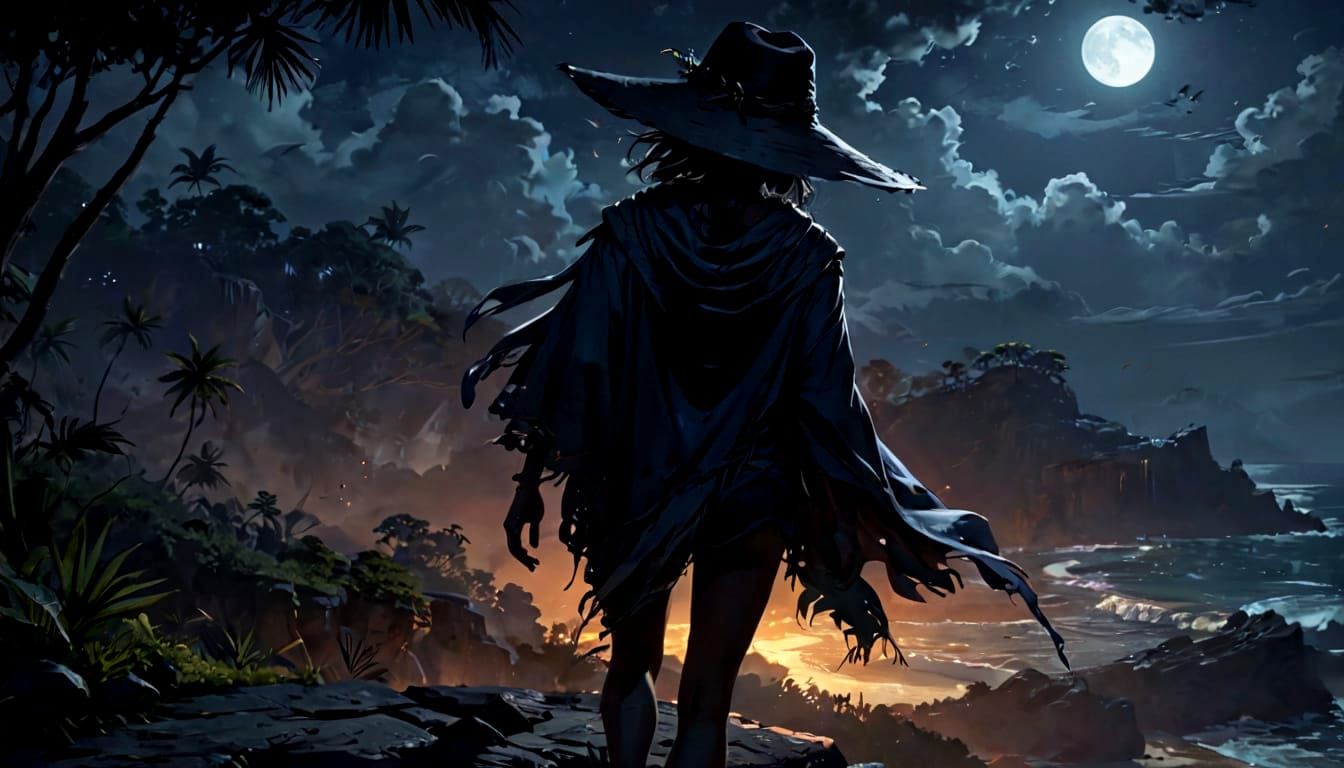 Moonlit Figure in Tropical Landscape, Digital Painting