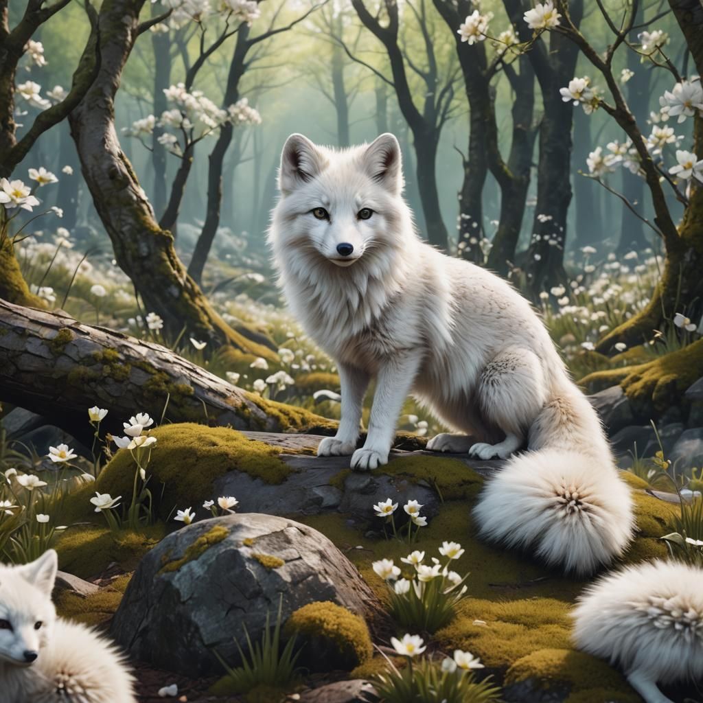 Young Arctic Fox in Spring Woods: Digital Matte Painting