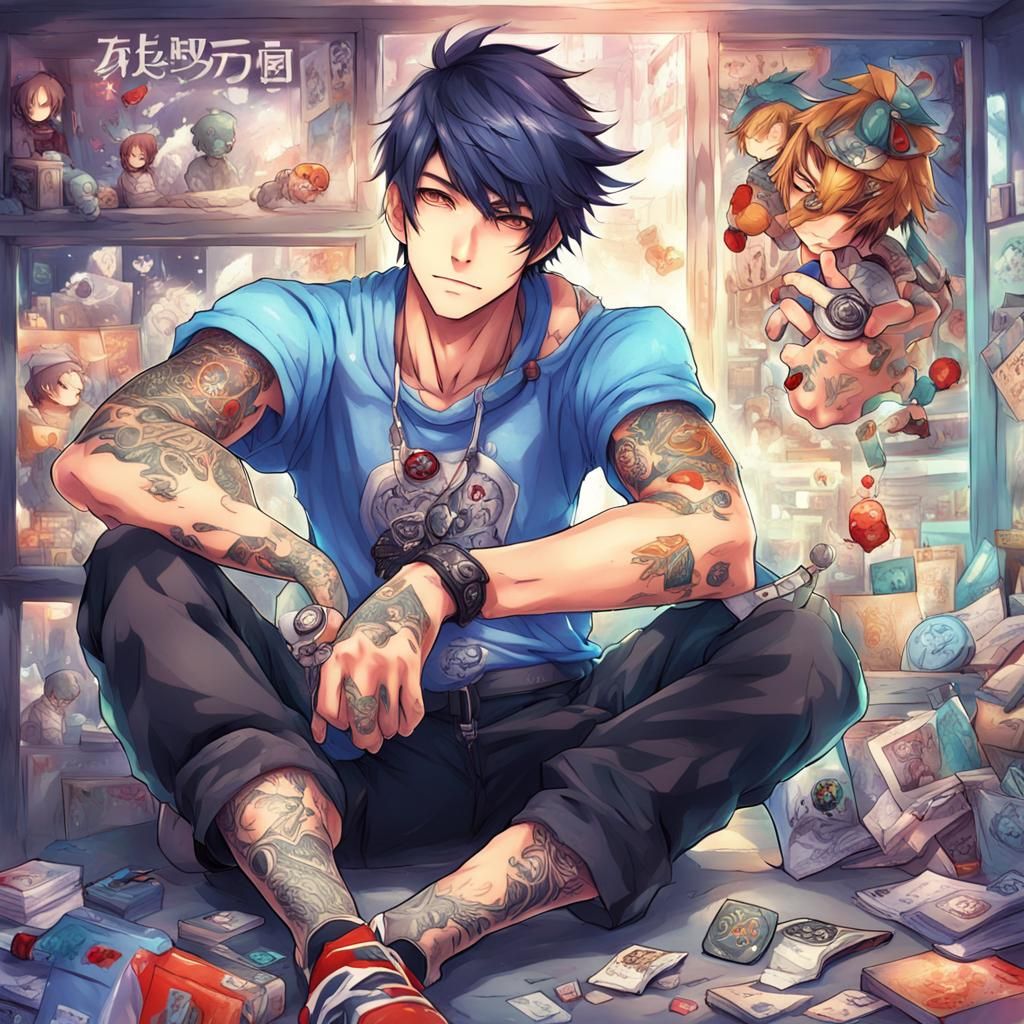 Anime Style Tattooed Gamer Boy Illustration