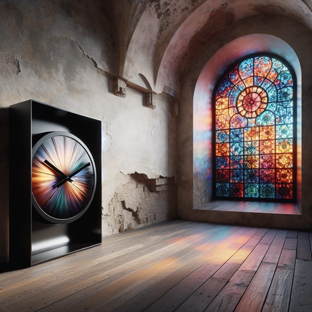 Modern Clock in Antique Room with Stained Glass