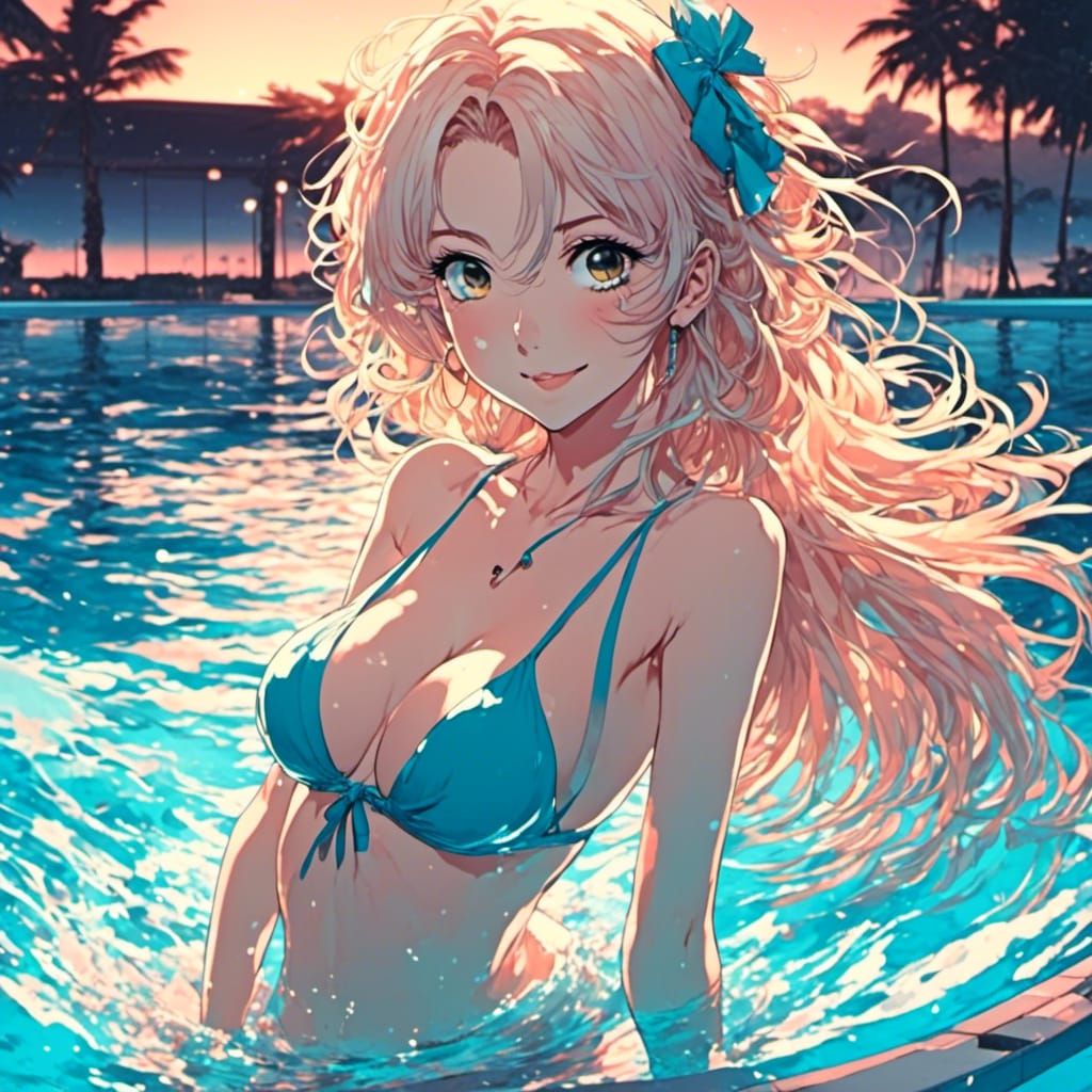 Anime Woman in Bikini in Swimming Pool