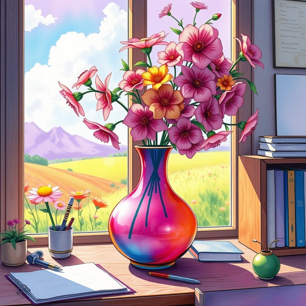 Whimsical Watercolor Dreamscape with Vibrant Vase