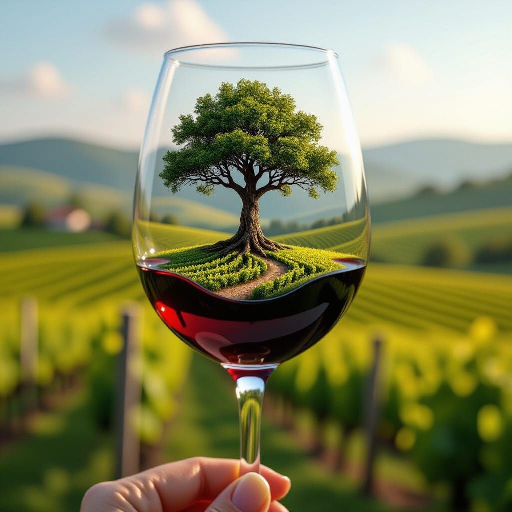 Wine Glass with Tree and Vineyard Scene