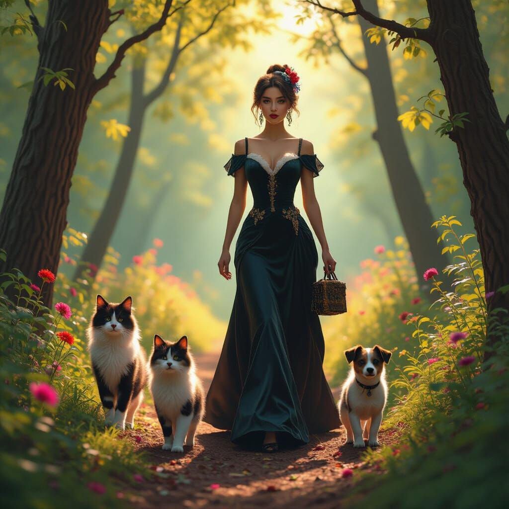 Woman Walks in Woods with Cats and Dogs, Art Nouveau Style