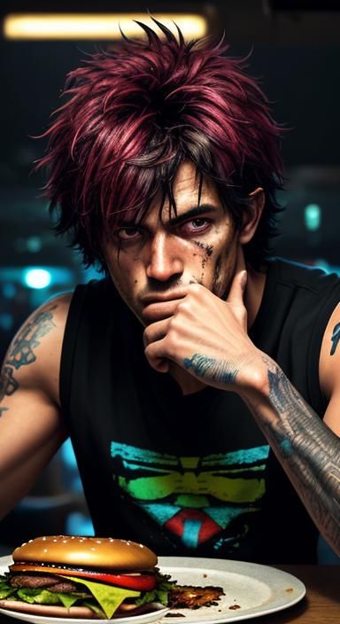 Expressionist Portrait: Starving Man Devouring Burger