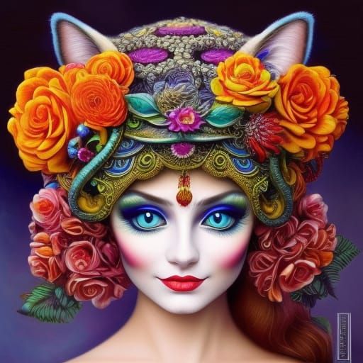 Cat in Flower Hat: Photorealistic Macro Photography