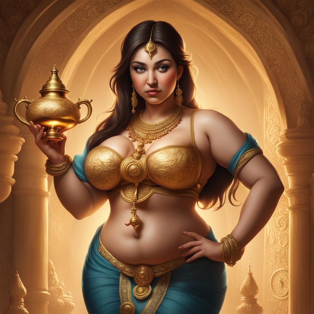 Golden Skinned Woman Admires Genie Lamp