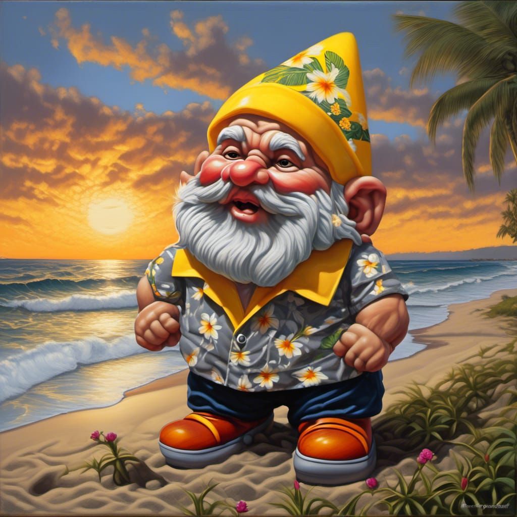 Angry Gnome's Beach Vacation: Hyperrealistic Oil Painting