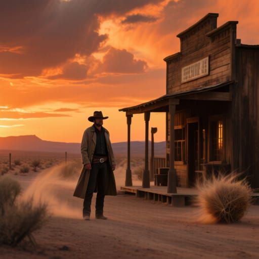 Lone Cowboy at Sunset in Classic Wild West Town