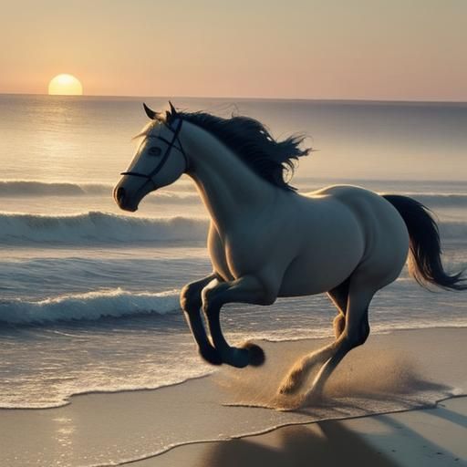 Girl and Horse Galloping on Beach in Watercolor