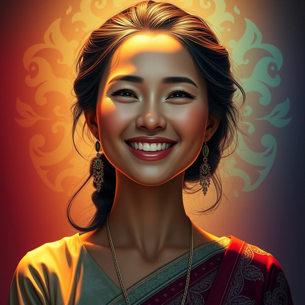 Thai Woman in Vibrant Art Nouveau-Inspired Portrait
