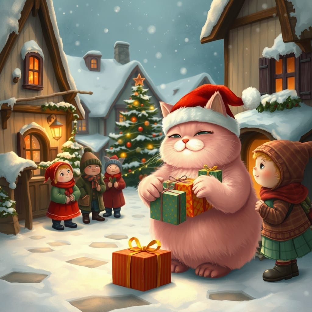 Pink Santa Cat Distributes Gifts to Children in Snowy Villag...
