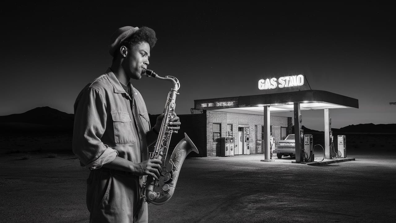 Lonely Gas Station Jazz Saxophone at Night