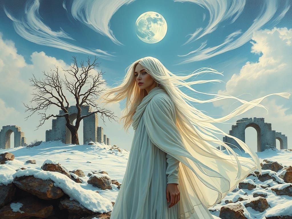 Surreal Winter Scene with Woman in Flowing Veils