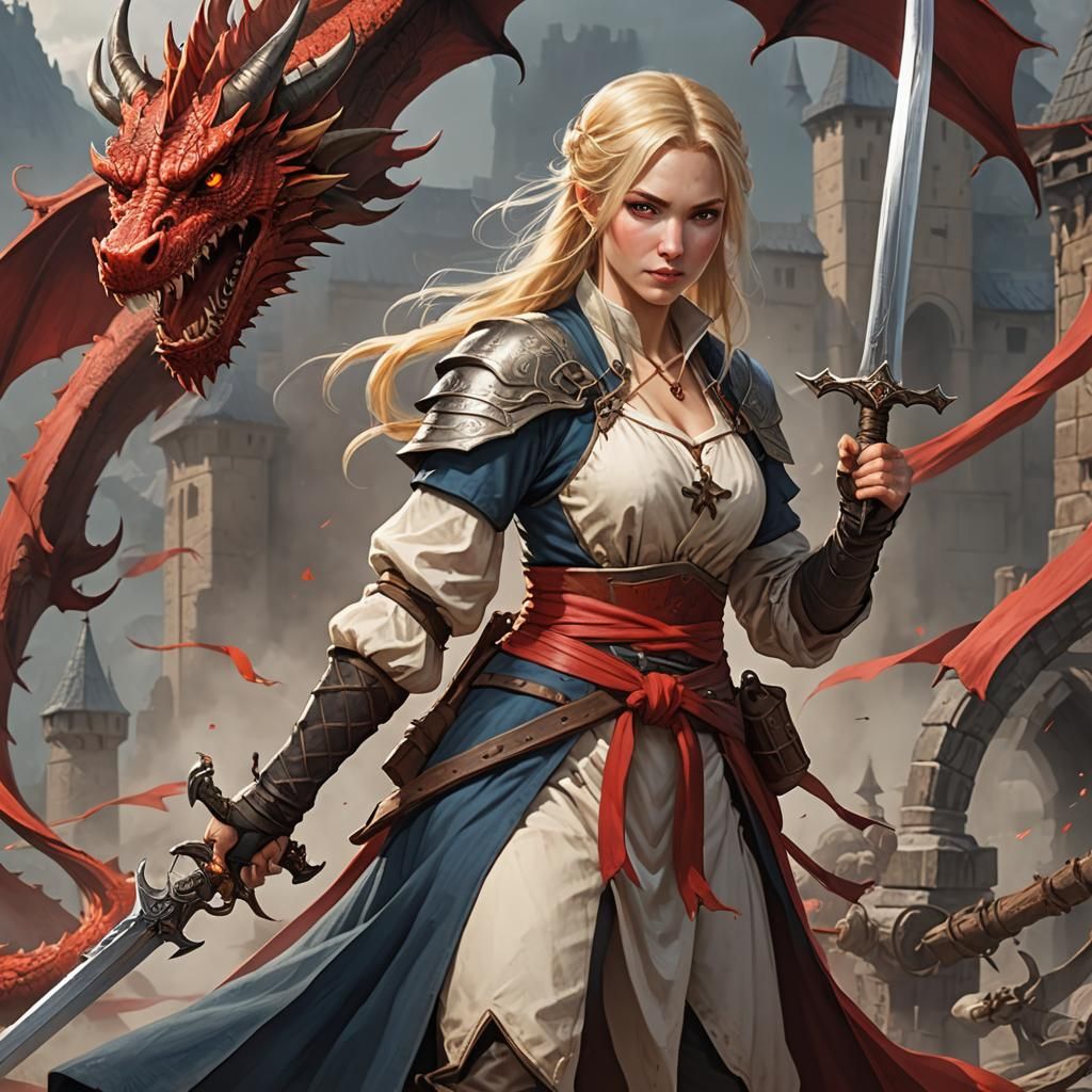 Fantasy Woman with Dragon and Double Scimitar