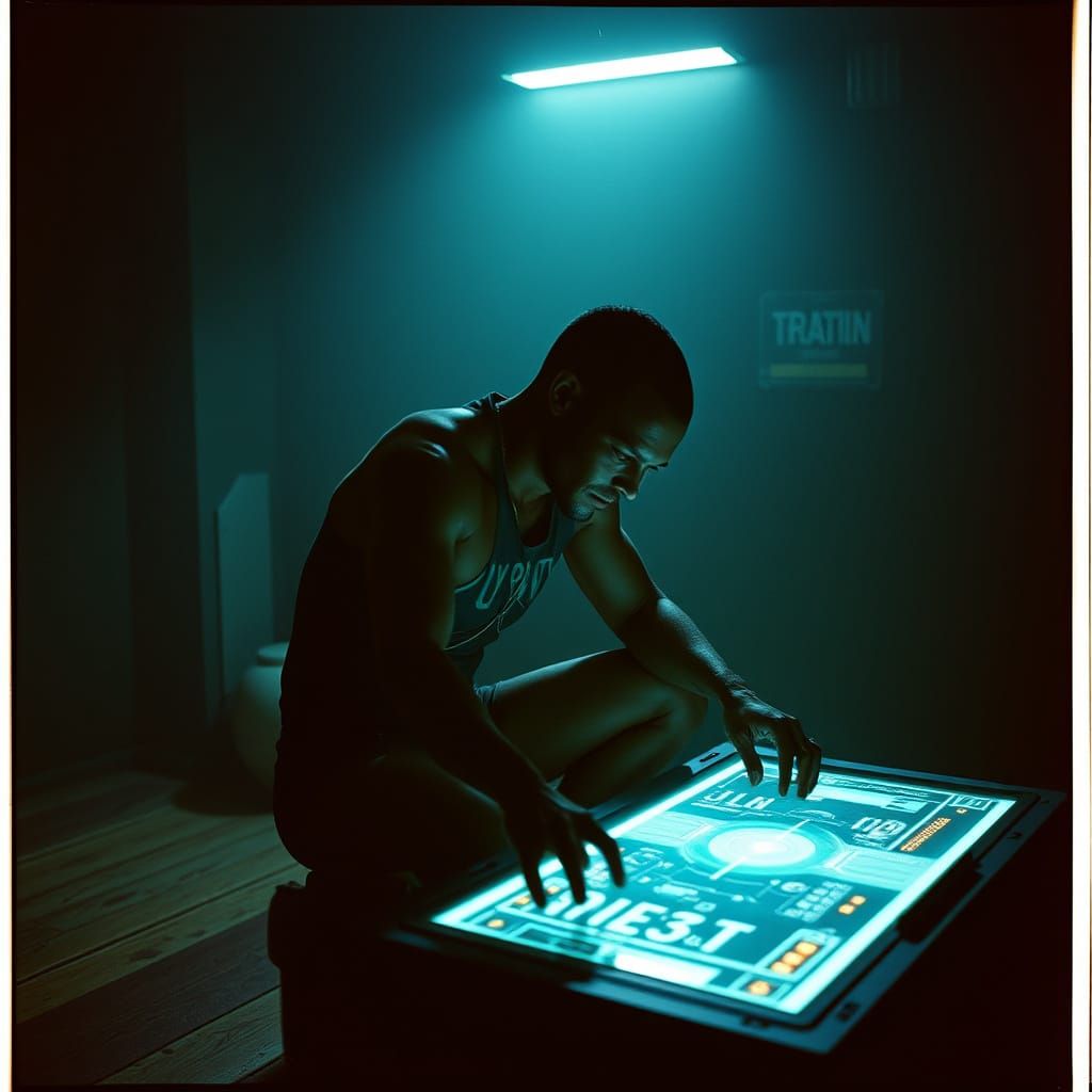 Cyberpunk Figure Hunched Over Holographic Console in Gritty ...