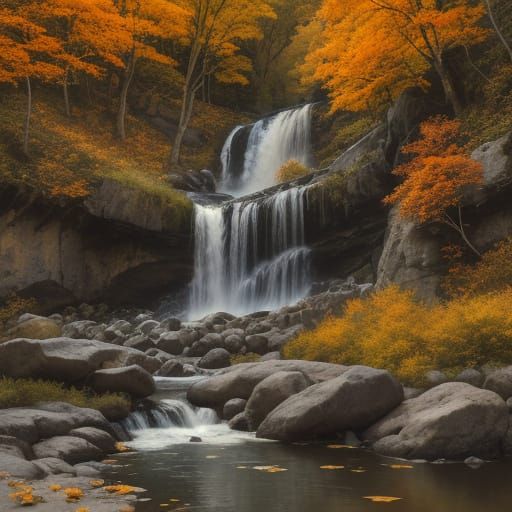 Autumn Valley Waterfall with Wild Pigs Amidst Falling Leaves
