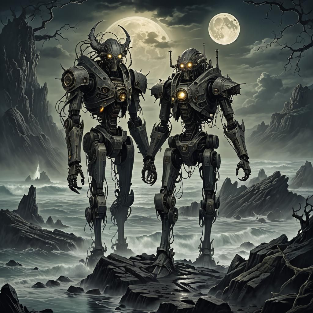 Eldritch Mecha on Moonlit Shore: Dark Fantasy Art