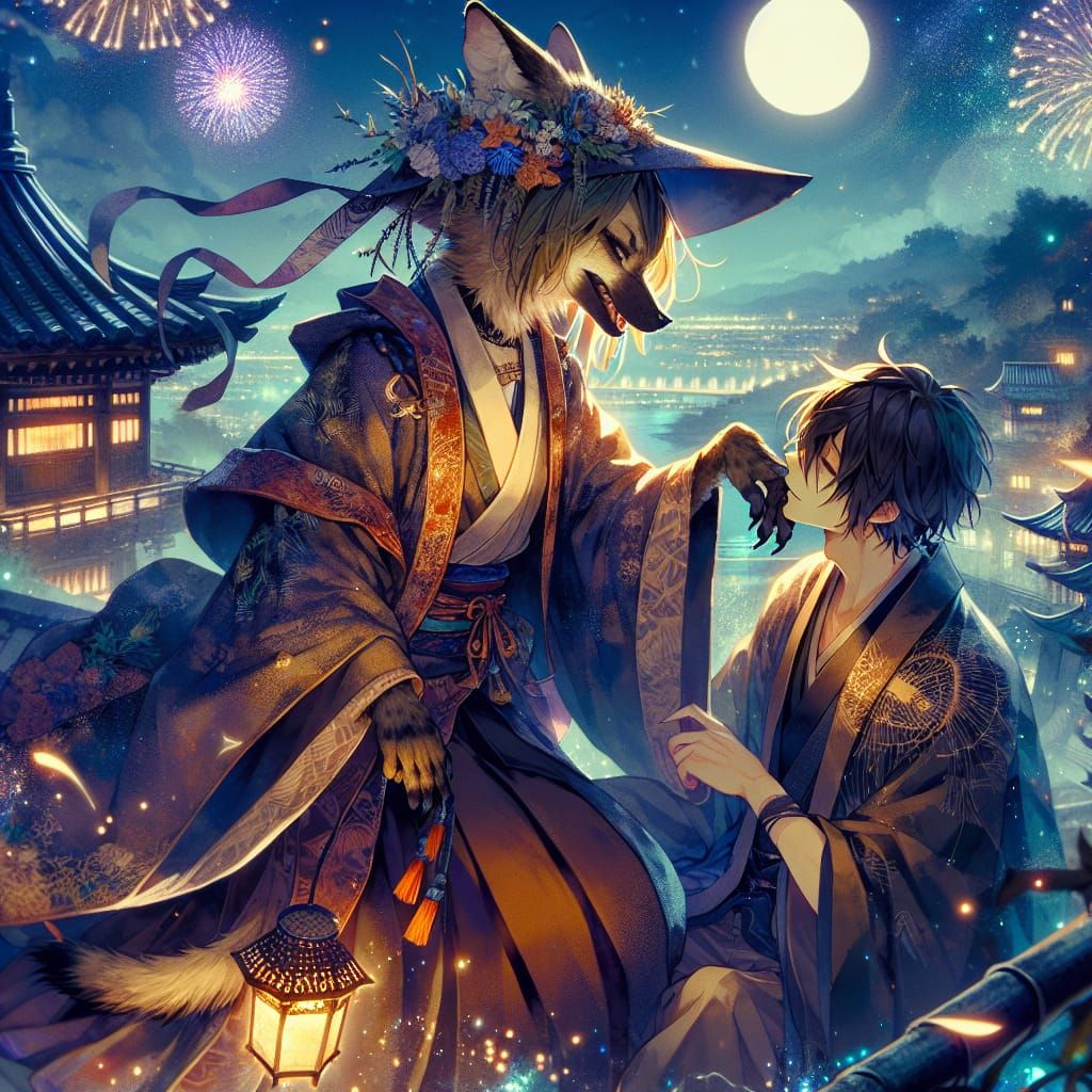 Romantic Anime Scene with Anthropomorphic Hyena Woman and Fi...