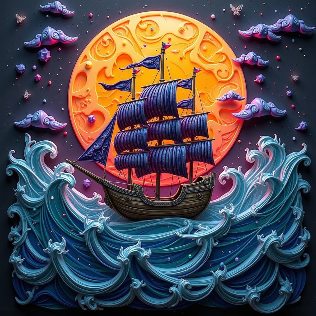 Felt Pirate Ship on Felt Waves Under a Glowing Moon