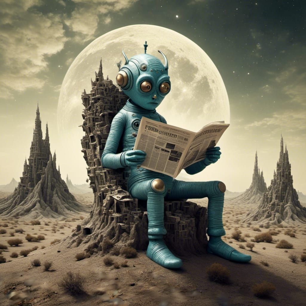 Monster Reads News in Surreal Moonscape