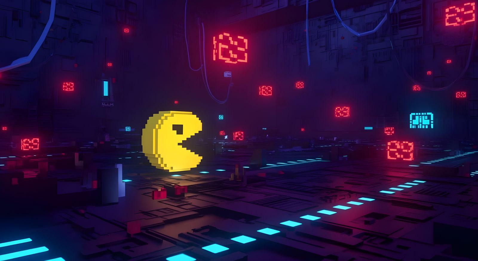 Pacman Battles Glowing Red Cargo in Futuristic Space