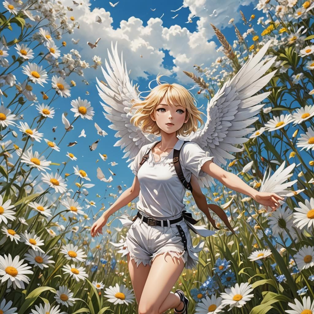 Anime Girl with Flower Wings Flies Through Flower Field