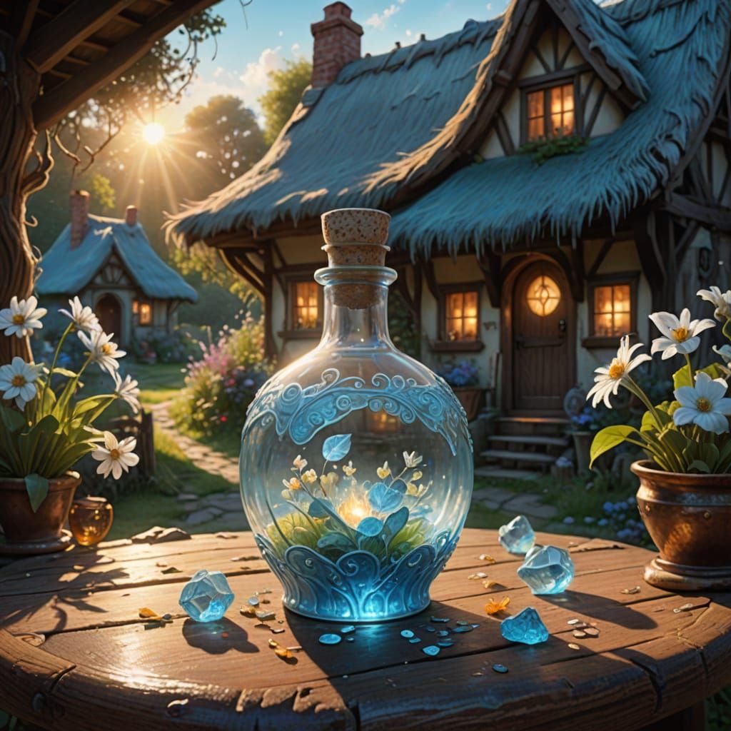 Whimsical Fantasy Scene with Glowing Elixir and Witch's Cott...