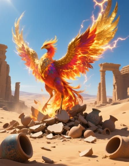 Phoenix Erupts from Pottery Shards in Desert Ruins