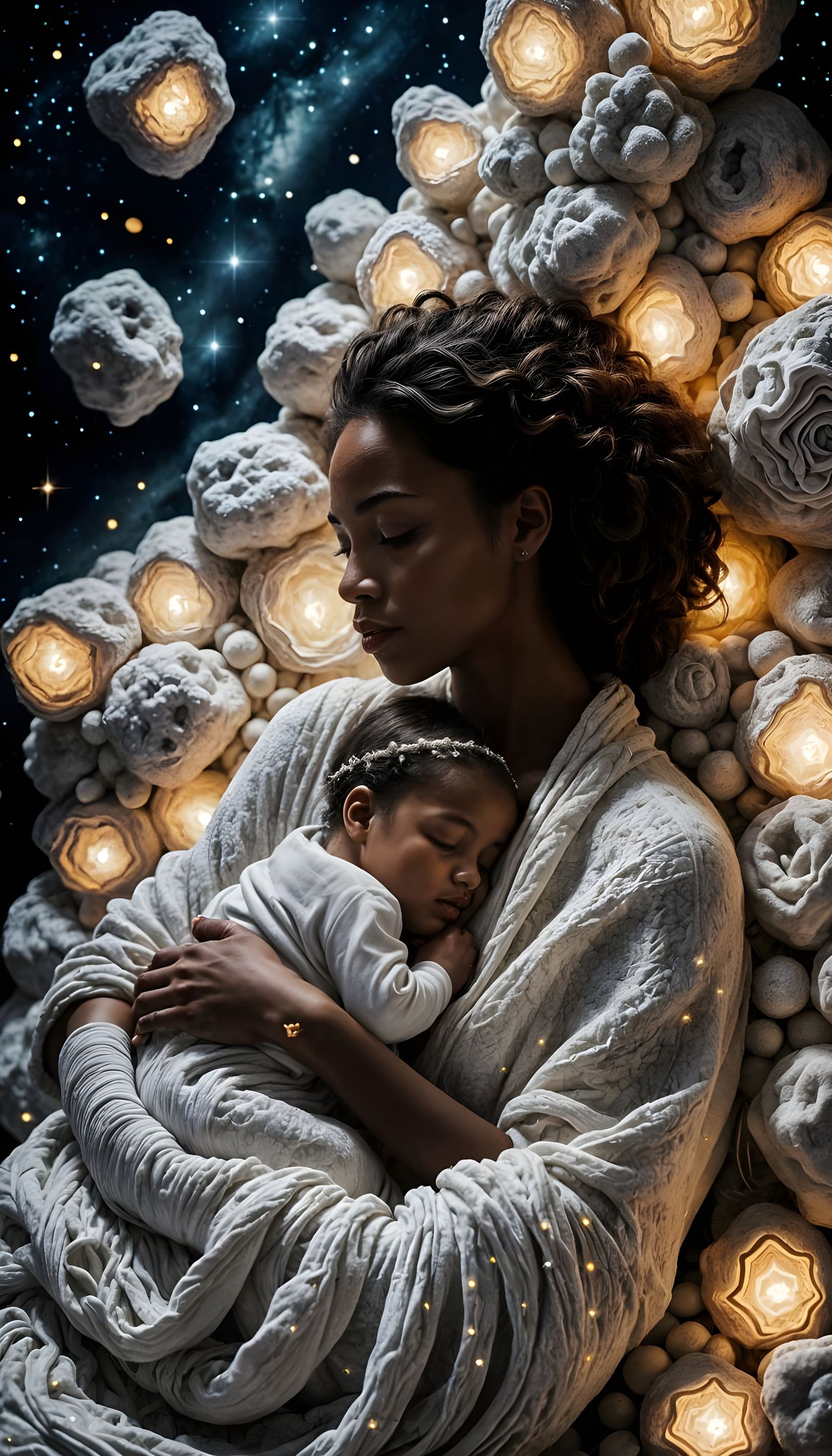 Black Woman Holding Sleeping Baby Among Yarn Dreams