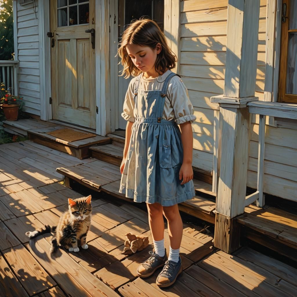 Girl with Kitten in Sunlight: Imaginative Realism Oil Painti...