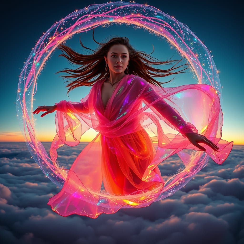 Futuristic Artist Soars Over Clouds at Sunrise