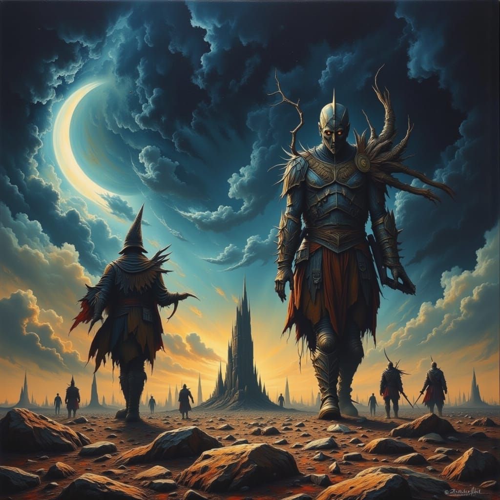 Dead Warriors on Rocky Ground Under Dark Sky