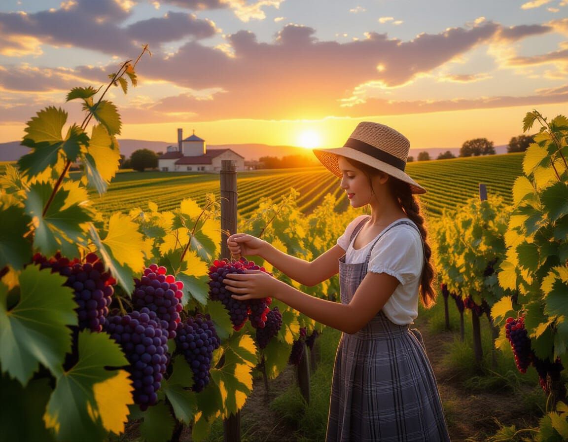 Peasant Girl Harvesting Grapes at Sunset: A Masterpiece Pain...