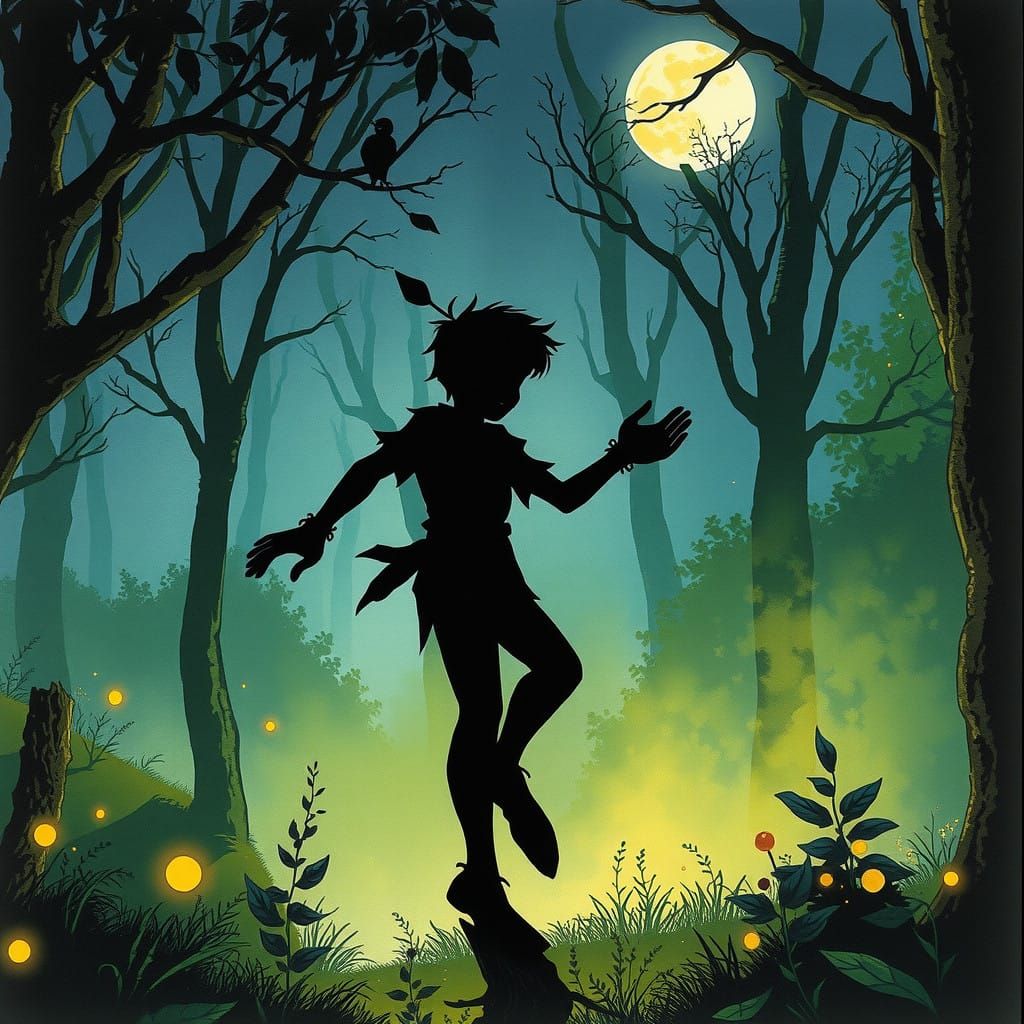 Peter Pan's Shadow Dance in Whimsical Fantasy Style