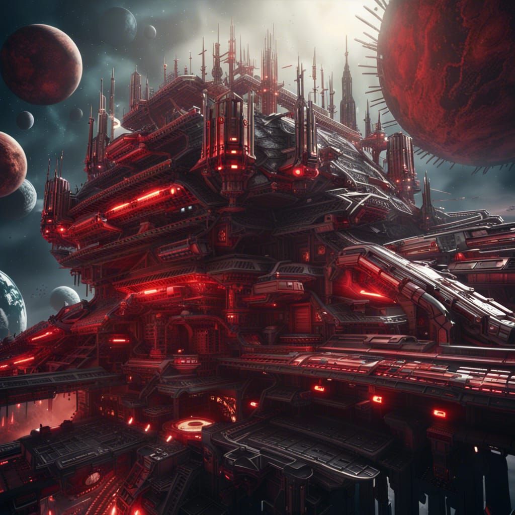 Sci-Fi Space Station Orbiting Red Planet