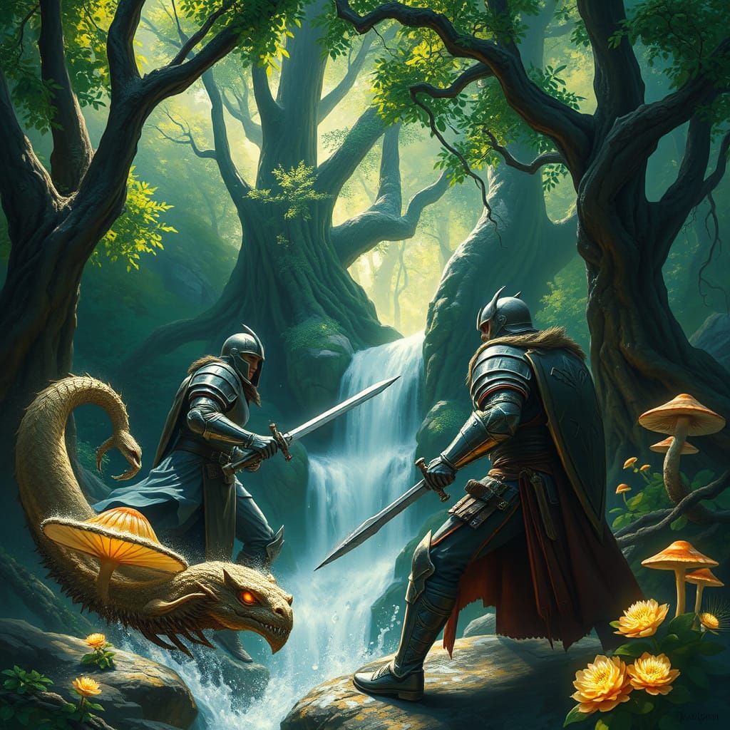 Fantastical Warriors Battle Serpentine Creatures in Emerald ...