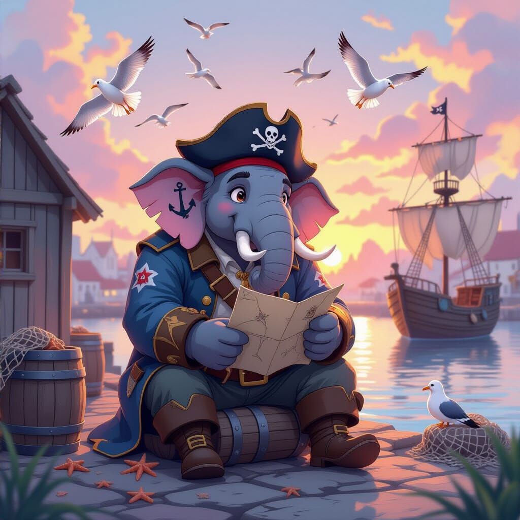 Elephant Pirate Captain in Studio Ghibli Watercolor Style