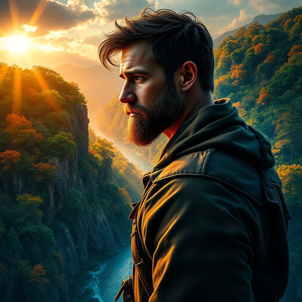 Man on Cliff's Edge, Forest, River, and Sunlit Sky in Chiaro...