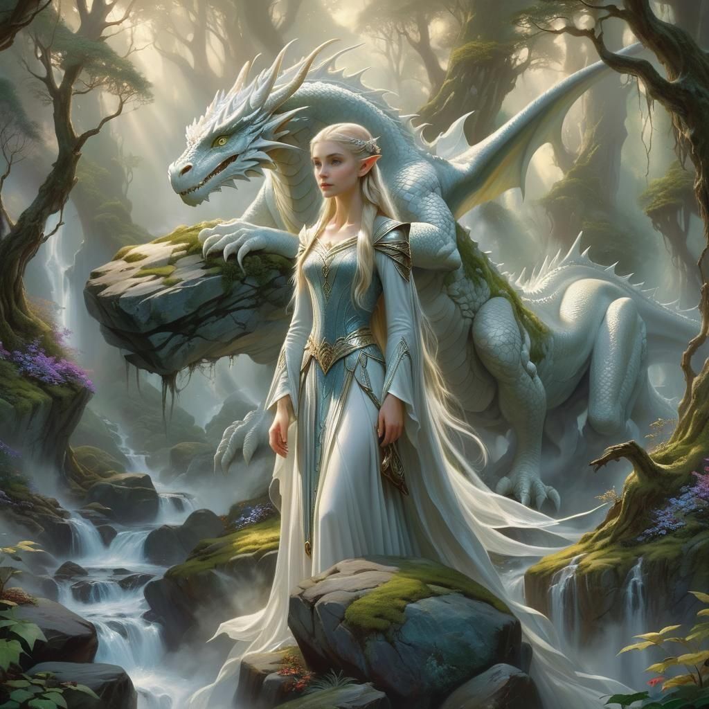 Elves and Dragon in Ethereal Forest Scene