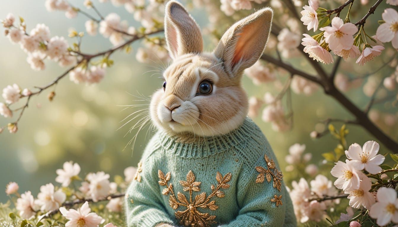 Adorable Bunny in Cherry Blossoms - Whimsical Fairytale Art